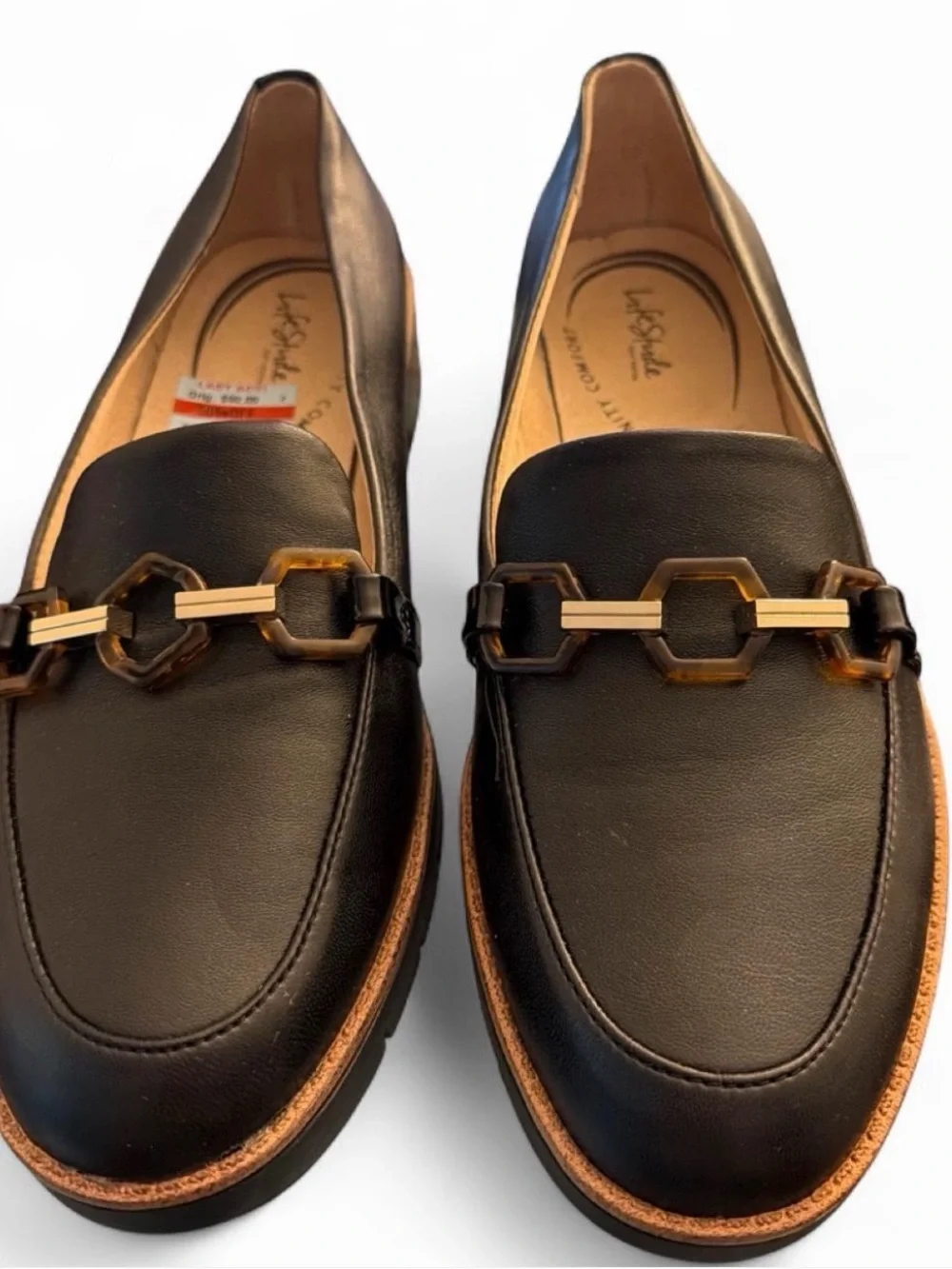 LifeStride size 9.5 black wedge loafers, tortoiseshell accent, new in the box.